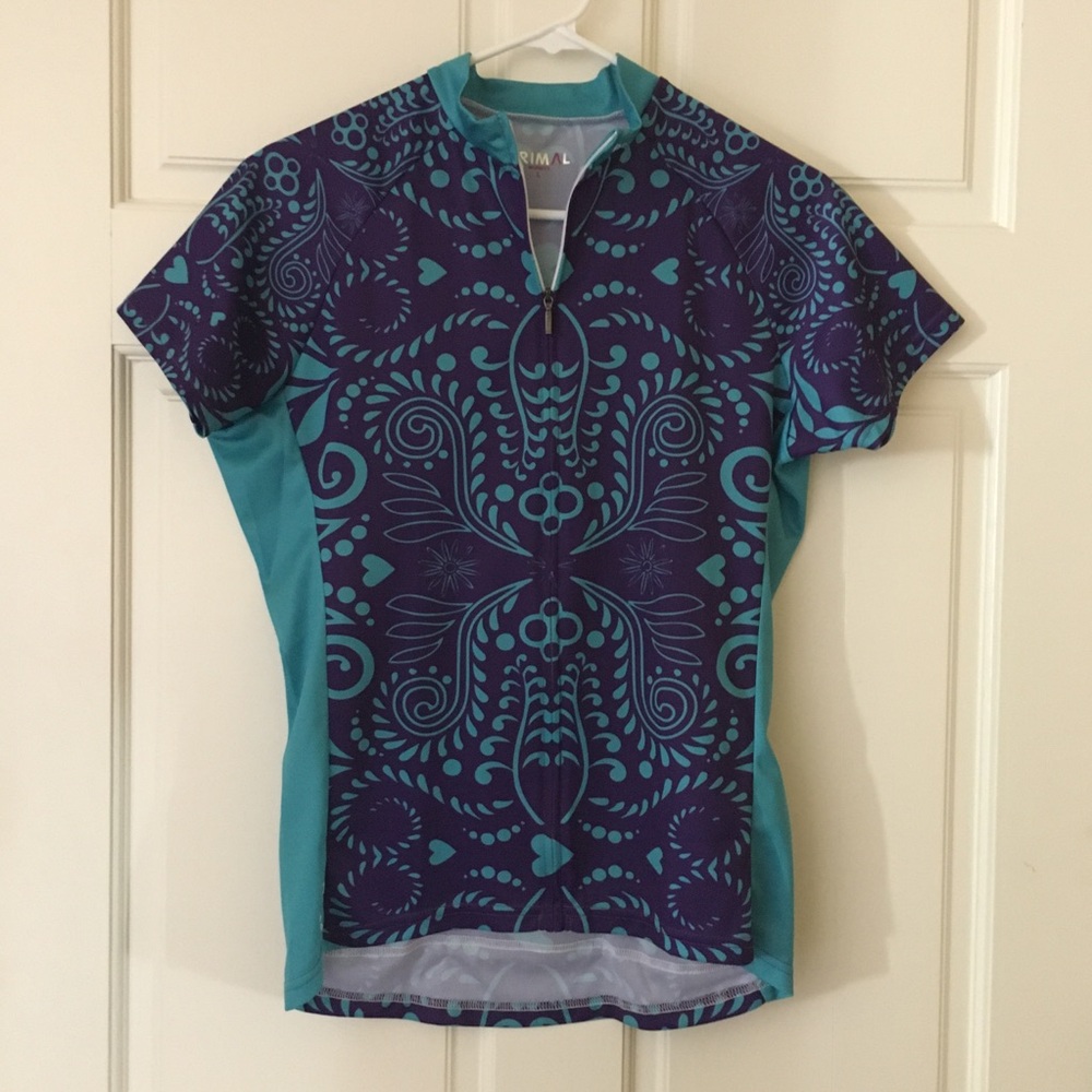 Primal Women’s (L) Cycling Shirt Full Front Zipper & Back Pockets Blue Floral